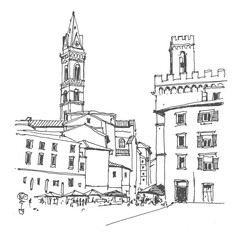 Travel sketch illustration of San Florence Square, Italy, Europe. Sketchy line art drawing with a pen on paper. Hand-drawn old town. Urban sketch in black color on white background. Freehand drawing. © Catherine
