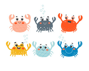 Cartoon set with 6 crabs. Colorful nautical collection. Cute hand-drawn characters for kids. Vector illustration.