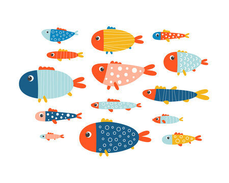 Cartoon fish set. Colorful marine collection. Cute hand-drawn characters for kids. Vector illustration.