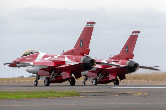 Avalon, Australia - February 27, 2015: Republic of Singapore Air Force (RSAF) Lockheed Martin F-16CJ Fighting Falcon fighter aircraft of the Black Knights display team.