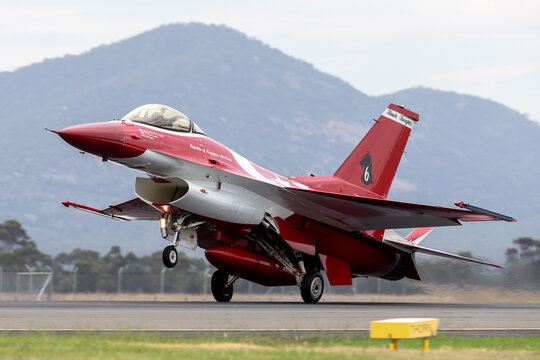 Avalon, Australia - February 27, 2015: Republic of Singapore Air Force (RSAF) Lockheed Martin F-16CJ Fighting Falcon fighter aircraft of the Black Knights display team.