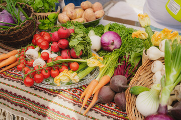 Fresh vegetables on the table. Carrot, garlic, tomato, zucchini flowers, beetroot, kohlrabi, onion, marrow, potatoes, celery, radish, cucumber,  peas. Healthy organic food concept. 