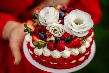 Female hands hold a birthday cake made of red biscuit and white cream. The cake is decorated with white flowers, strawberries and blueberries.