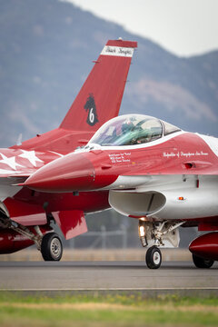 Avalon, Australia - February 28, 2015: Republic of Singapore Air Force (RSAF) Lockheed Martin F-16CJ Fighting Falcon fighter aircraft of the Black Knights display team.