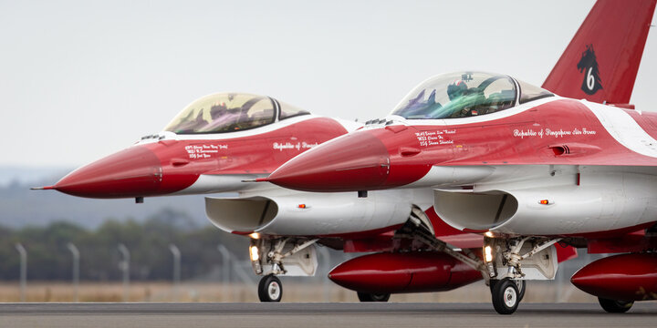 Avalon, Australia - February 28, 2015: Republic of Singapore Air Force (RSAF) Lockheed Martin F-16CJ Fighting Falcon fighter aircraft of the Black Knights display team.