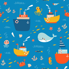 Seamless vector pattern with marine life and ships. Fish, ships, jellyfish, octopus, whale, sea ​​horse, corals. Design for children's clothing, wallpaper, wrapping paper, web page background, textile