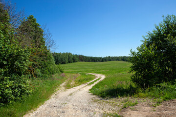 Fototapeta na wymiar wheel ruts like a highway with a blue sky