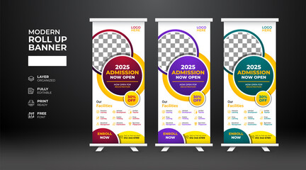 Modern and creative school admission Roll Up Banner template - obrazy, fototapety, plakaty