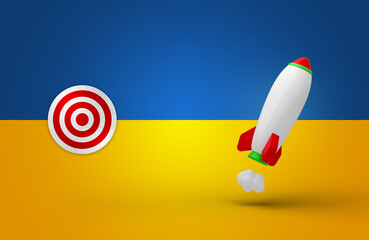 White rocket like missile with the target with Ukrainian flag as the background