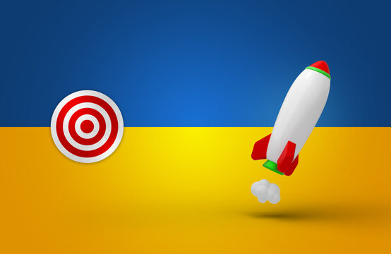White rocket starting to the target with Ukrainian flag as the background