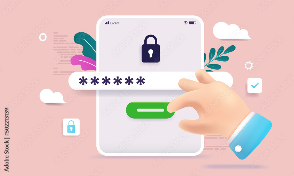Aufkleber Tablet password and security - Device screen with login, lock and field with hidden password. Semi flat vector illustration