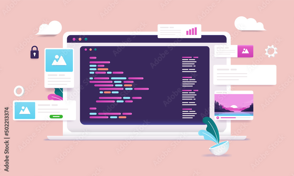 Fototapete Web development - Laptop computer with abstract html code on screen in cartoon style vector illustration 