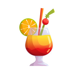 Orange juice fresh cocktail in a glass with cherry isolated on white background. Tropical beach party. Vector cute Illustration in cartoon style.