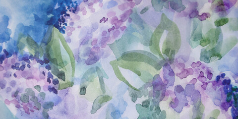 Lilac flowers panorama background. Beautiful watercolor. Decorative painting. Brush strokes wet smudges surface.