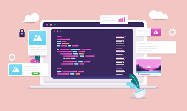 Web development - Laptop computer with abstract html code on screen in cartoon style vector illustration 