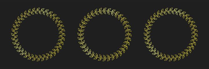 Golden laurel circle frames set. Vintage ornaments outlines isolated on white.