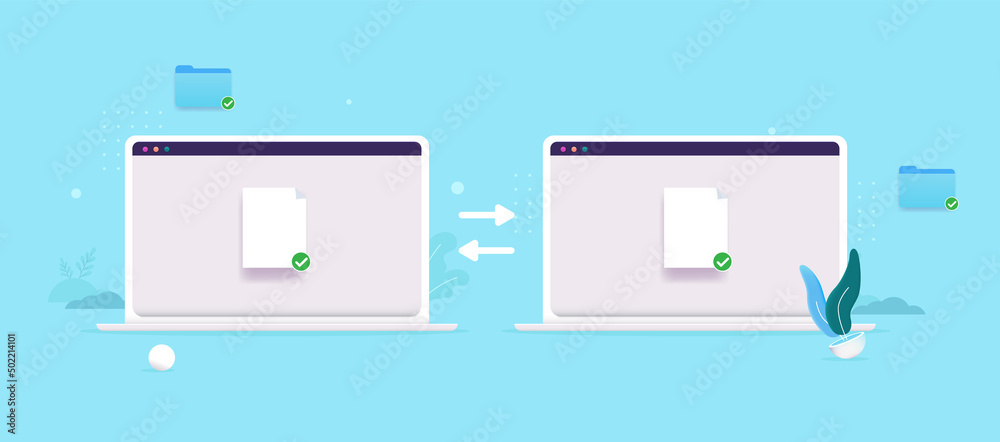 Poster File sharing - Two laptop computers syncing files and folders. Flat design vector illustration with blue background