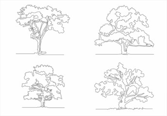 Trees one line set art. Continuous line