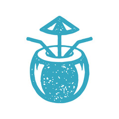 Summer coconut cocktail for couple with two straw and umbrella blue honeymoon travel vacation