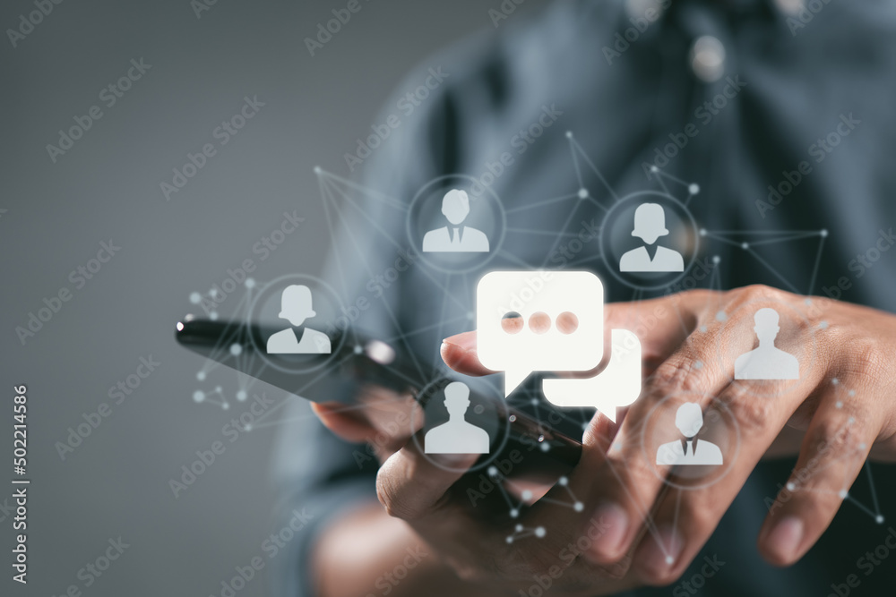 Poster for online contact with friends, people connect to a worldwide network. a group of consumers is chat