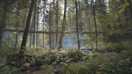 View of the smoking man with backpack walking on the wooden suspension bridge in the coniferous...