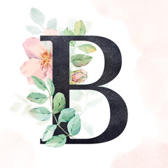 Decorative dark letter B with a watercolor texture embellished with delicate pink flowers and green leaves, hand-drawn in watercolor. Isolated on a white background. For wedding invitations, postcards