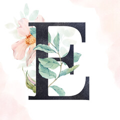 Decorative dark letter E with a watercolor texture embellished with delicate pink flowers and green leaves, hand-drawn in watercolor. Isolated on a white background. For wedding invitations, postcards