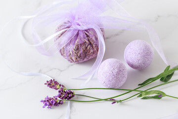 Aroma bath ball bomb with lavender extract, sachet of dried flowers and fresh blossoms for...