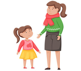 Woman with little girl visiting doctor in clinic, mother and daughter with physician in hospital. Mother with sore throat came with child to doctors appointment. Insurance and health care concept