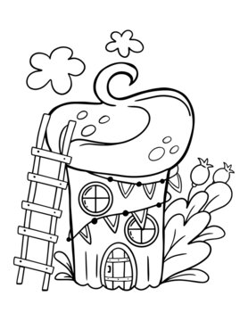 Coloring page for kids. Fantasy line art picture with magic house on white background for print design. 