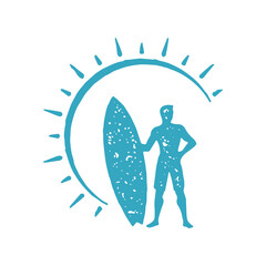 Male surfer standing surfboard at curved arch abstract sun with beams blue grunge texture vector - obrazy, fototapety, plakaty