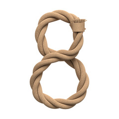 Number 8 made of rope, isolated on white, 3d rendering