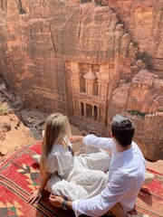 couple in the viewpoint fo petra's treasury jordan
