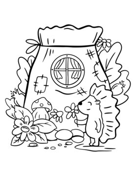 Coloring page for kids. Fantasy line art picture with hedgehog and house on white background for print design. 
