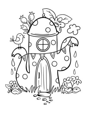 Coloring page for kids. Fantasy line art picture with teapot  on white background for print design. 