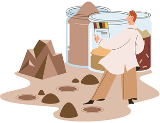 Soil analysis and earth pollution metaphor or structure control. Nutrients microorganism composition research ground layer structure sample. Soil laboratory test. Scientist measuring levels status