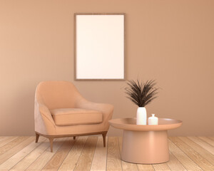 Vertical wooden frame mockup in trendy living room interior with rounded beige armchair and warm neutral background. Illustration, 3d rendering 