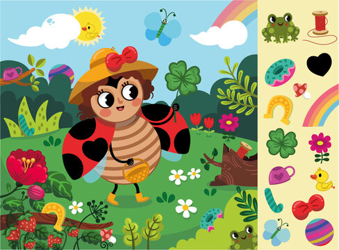 Hidden objects game with a ladybug in nature theme. Vector illustration for little children.
