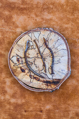 Rostige alte Nägel auf Holzscheibe,Stillleben