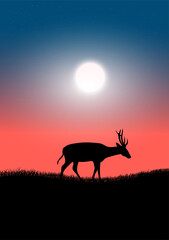 graphics drawing silhouette animal deer on grass with moon night vector illustration