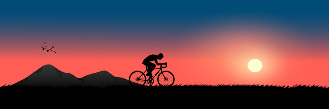 graphics image of man riding a bicycle in the evening with a sunset background and orange silhouette of sunset with dark grass on the ground vector illustration