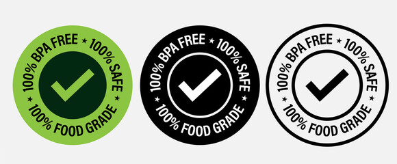 100% BPA free, 100% safe, 100% food grade vector icon with tick mark