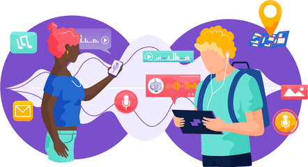 Voice assistant. Smart speaker virtual assistant, sound robot, people using voice controlled smart speaker. Voice activate digital assistant identification control contactless mobile device microphone