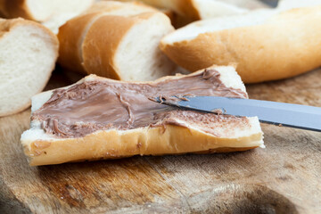 chocolate paste on a white wheat baguette