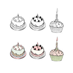 Cute strawberry shortcake, cupcake. Cake with a candle. Pastel coloured cakes.