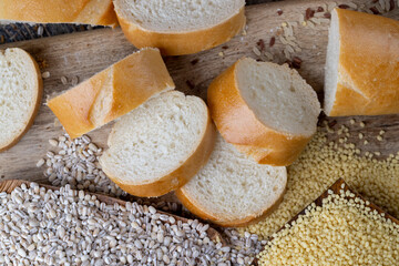 pieces of wheat baguette on a cutting board