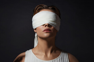 An antique heroine blindfolded, a young woman in a tunic with a blindfold, a contrasting close-up...