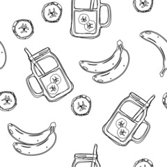 Seamless pattern with banana smoothie jars outline