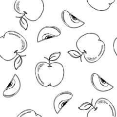 Seamless apple fruit sliced in half with seed and leaves pattern hand drawn sketch vector illustration - 502219390