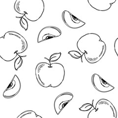 Seamless apple fruit sliced in half with seed and leaves pattern hand drawn sketch vector illustration